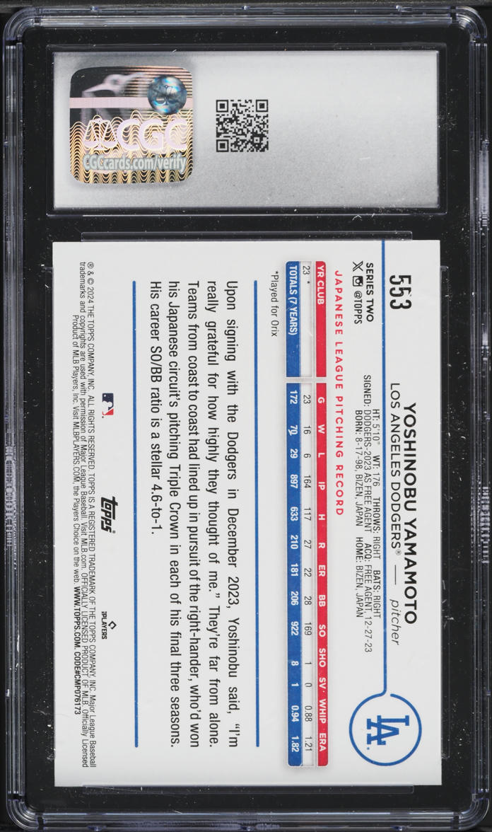 2024 Topps Yoshinobu Yamamoto ROOKIE #553 CGC 10 GEM MINT