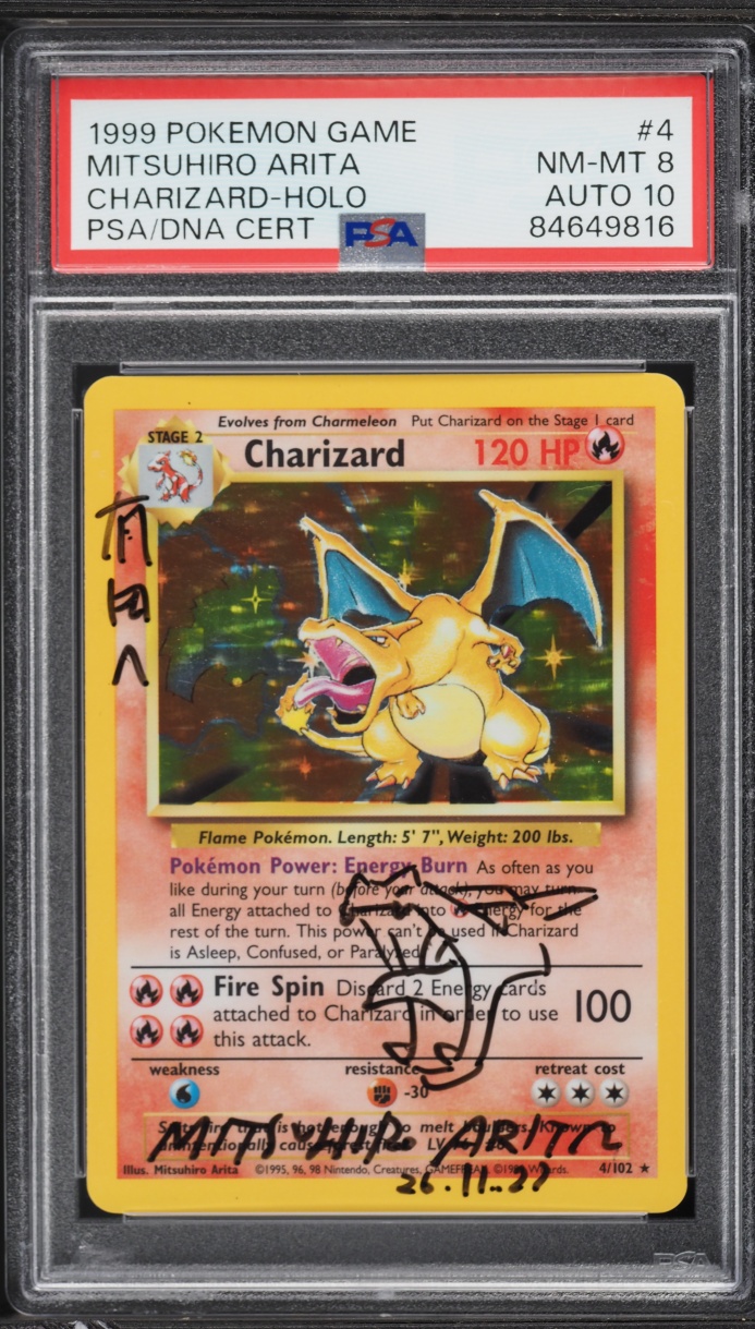1999 Pokemon Base Set Holo Charizard Mitsuhiro Arita AUTO DNA 10 #4 PSA 8 NM-MT