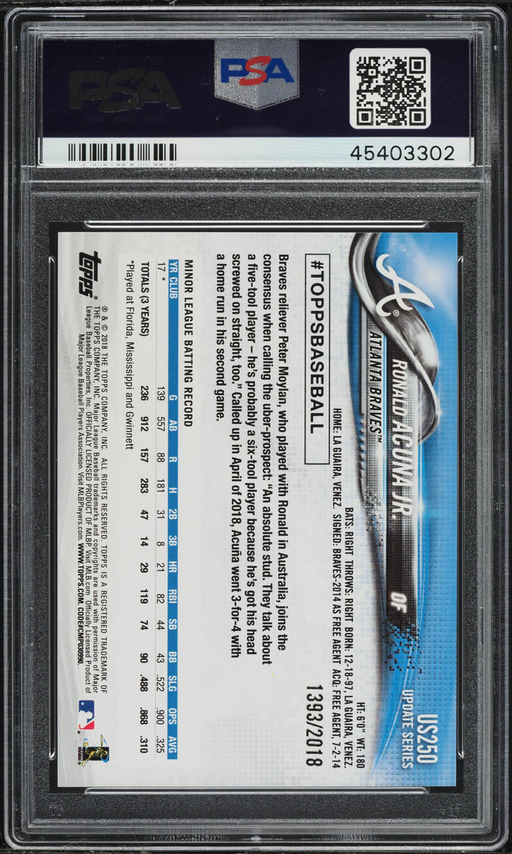 2018 Topps Update Gold Refractor Ronald Acuna Jr. ROOKIE /2018 #US250 PSA 8 NM-MT