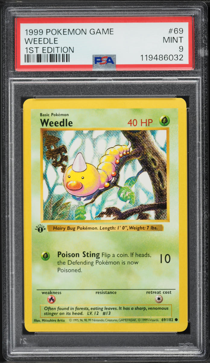 1999 Pokemon Base Set Shadowless 1st Edition Weedle #69 PSA 9 MINT