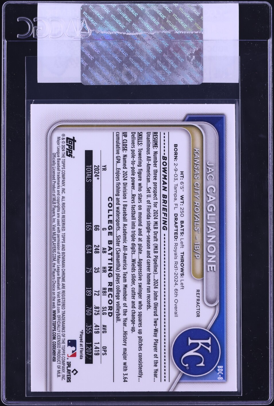 2024 Bowman Chrome Draft Refractor Jac Caglianone PROSPECT #BDC-8 CGC AUTH