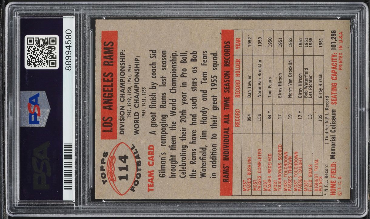 1956 Topps Football Los Angeles Rams #114 PSA 9 MINT