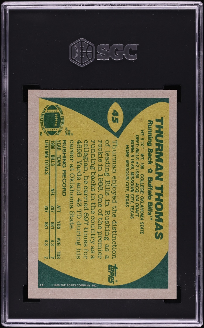 1989 Topps Football Thurman Thomas ROOKIE #45 SGC 9 MINT