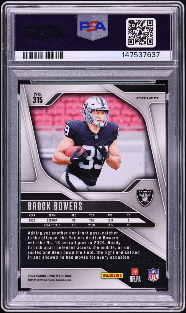 2024 Panini Prizm Green Wave Brock Bowers ROOKIE #315 PSA 9 MINT