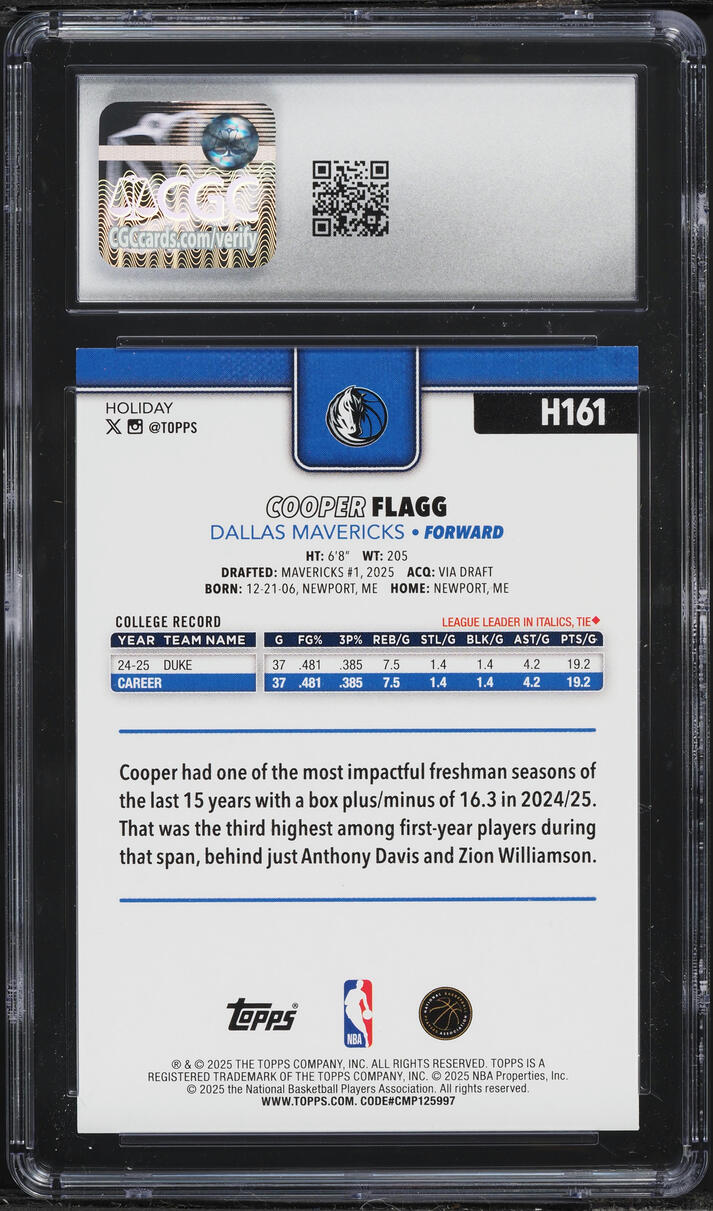 2025 Topps Holiday Cooper Flagg ROOKIE #H161 CGC 10 GEM MINT
