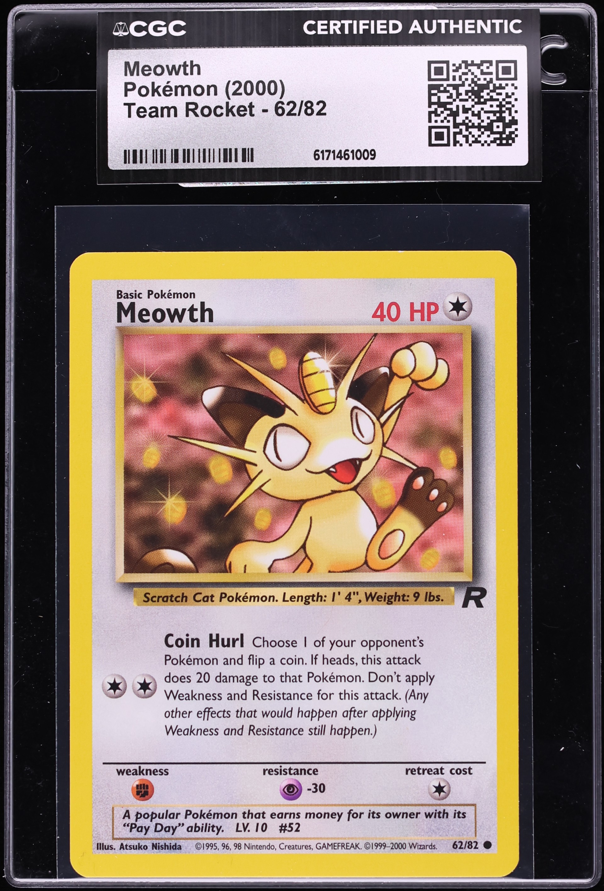 2000 Pokemon Team Rocket Meowth #62 CGC AUTH