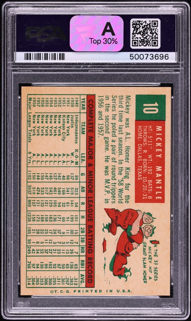 1959 Topps Mickey Mantle #10 PSA 5 EX - Photo 2