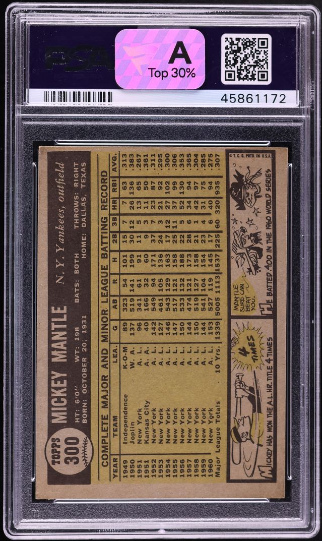 1961 Topps Mickey Mantle #300 PSA 6 EXMT - Photo 2