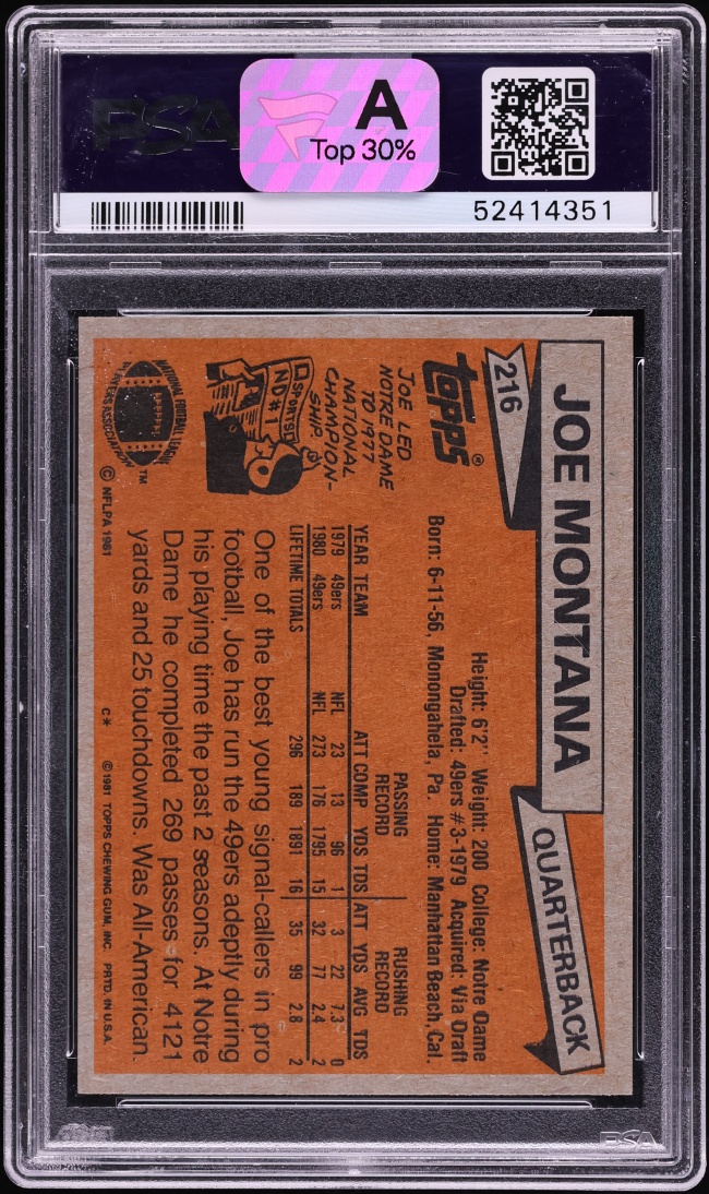 1981 Topps Football Joe Montana ROOKIE #216 PSA 8 NM-MT - Photo 2