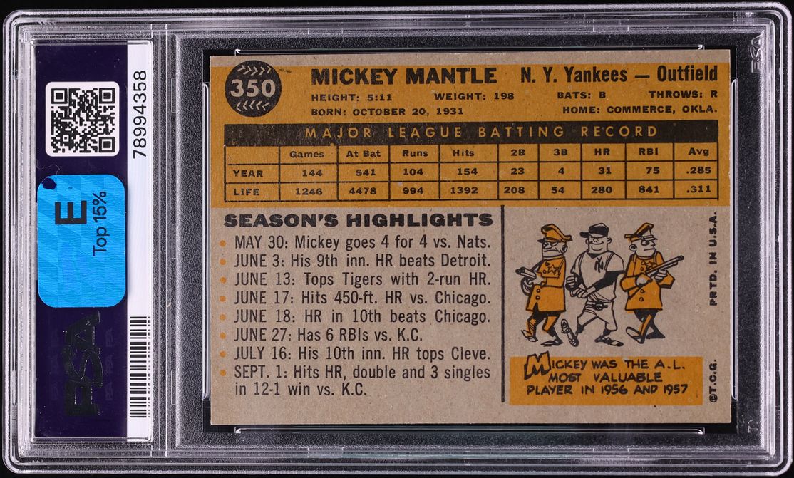 1960 Topps Mickey Mantle #350 PSA 6 EXMT - Photo 2