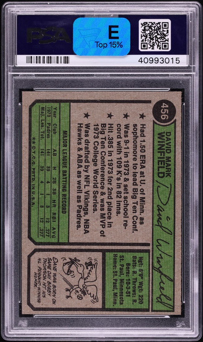 1974 Topps Dave Winfield ROOKIE #456 PSA 8 NM-MT - Photo 2