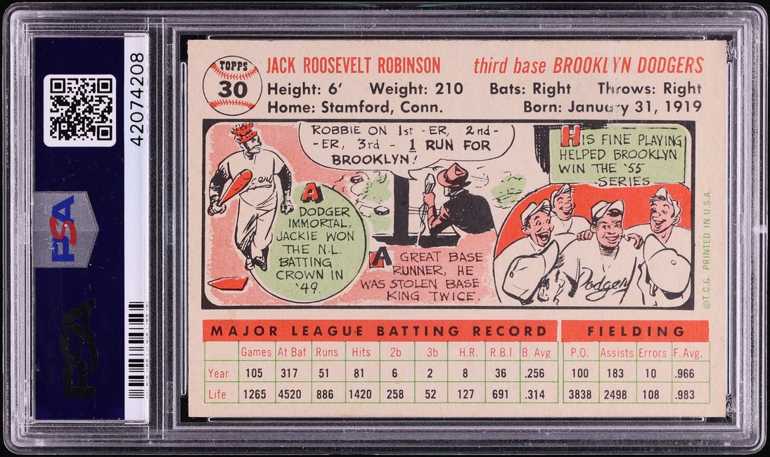 1956 Topps Jackie Robinson WHITE BACK #30 PSA 5 EX - Photo 2