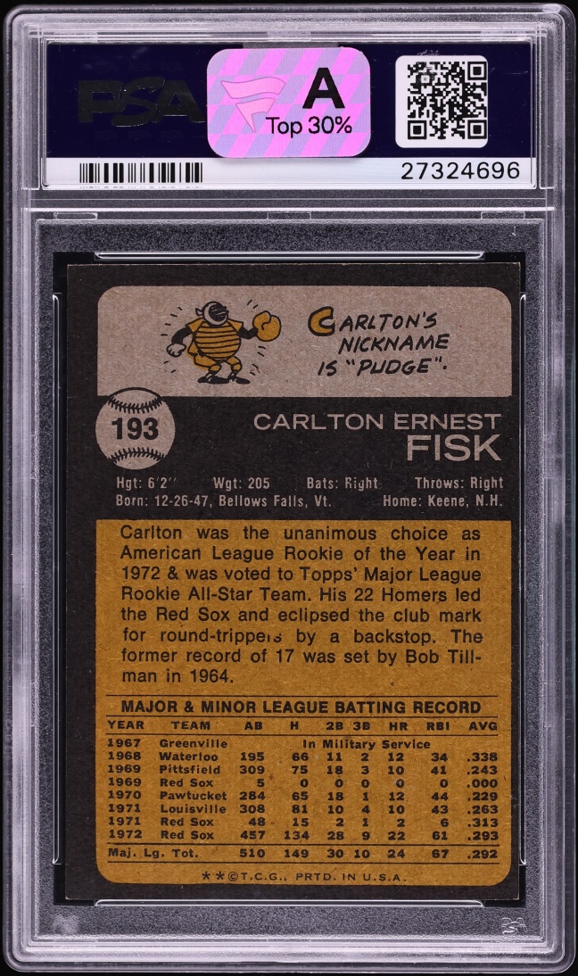 1973 Topps Carlton Fisk ALL-STAR #193 PSA 9 MINT - Photo 2