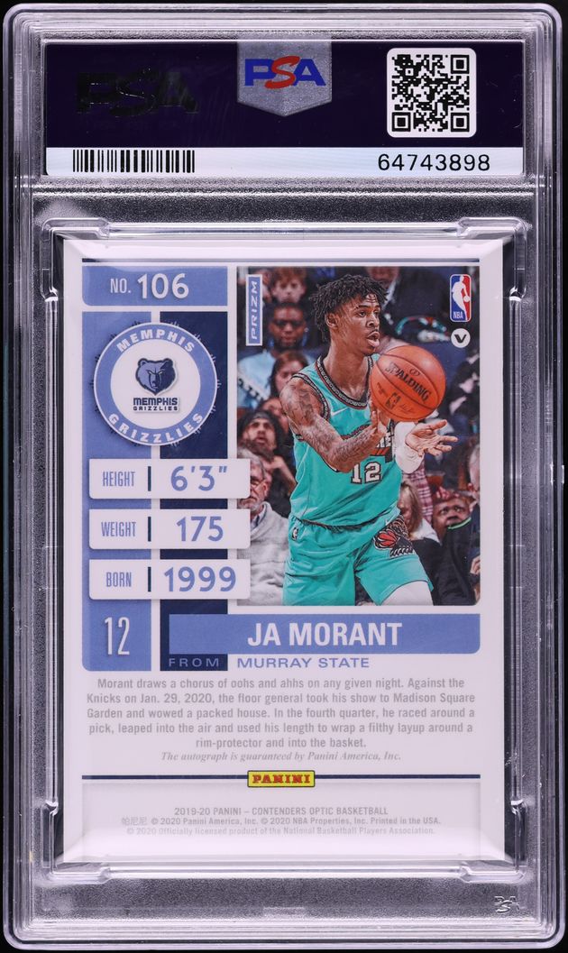 2019 Panini Contenders Optic Red Wave Ja Morant ROOKIE AUTO DNA 10 #106 PSA 9 MINT
