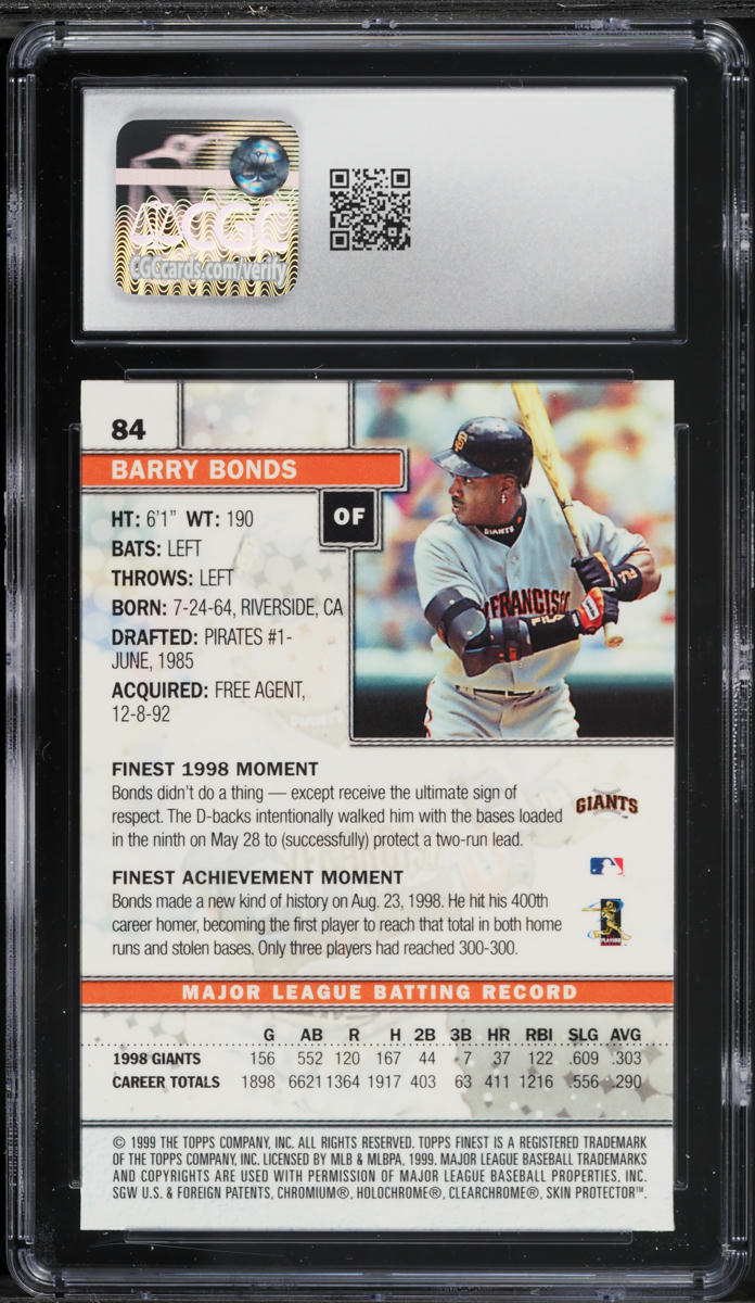 1999 Finest w/ Coating Barry Bonds #84 CGC 9 MINT