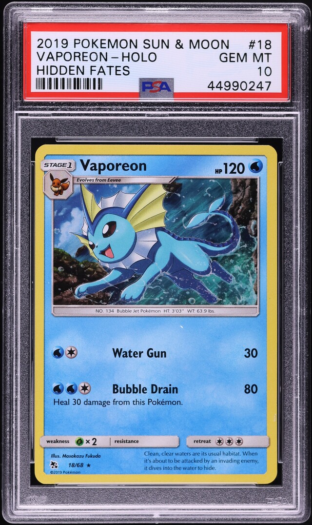 2019 Pokemon Sun & Moon Hidden Fates Holo Vaporeon #18 PSA 10 GEM MINT