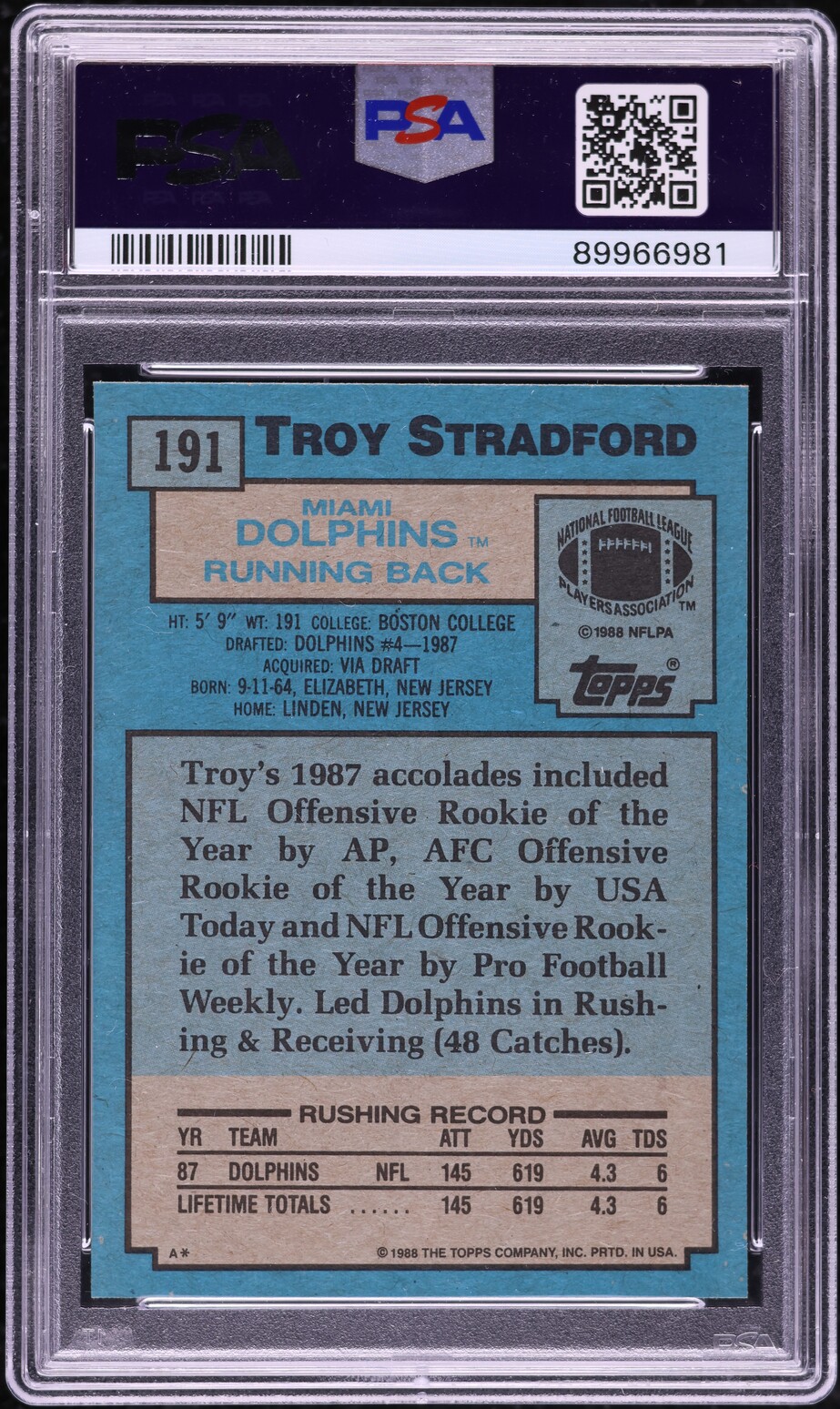 1988 Topps Football Troy Stradford #191 PSA 10 GEM MINT