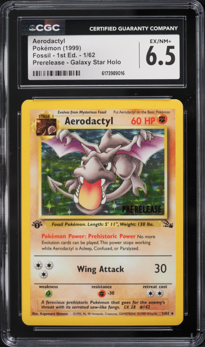 1999 Pokemon Fossil 1st Edition Prerelease Galaxy Star Holo Aerodactyl #1 CGC 6.5 EXMT+