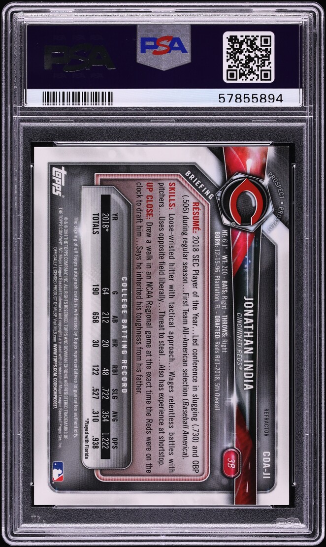 2018 Bowman Chrome Refractor Jonathan India PROSPECT AUTO /499 PSA 10 GEM MINT