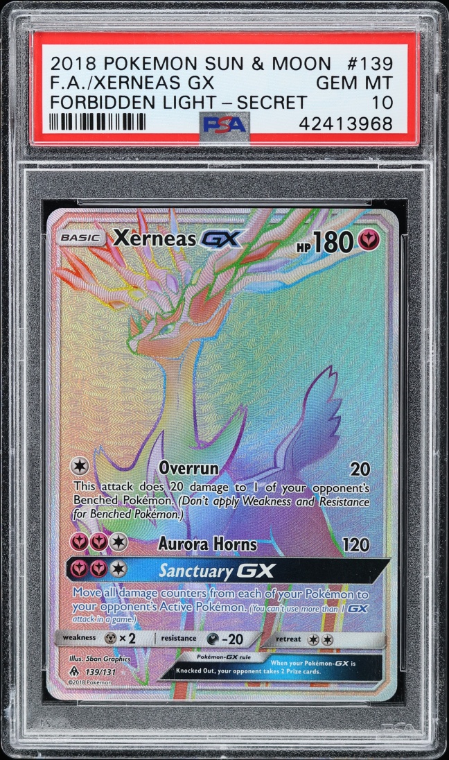 2018 Pokemon Sun & Moon Forbidden Light Secret Rainbow Rare Xerneas GX #139 PSA 10 GEM MINT