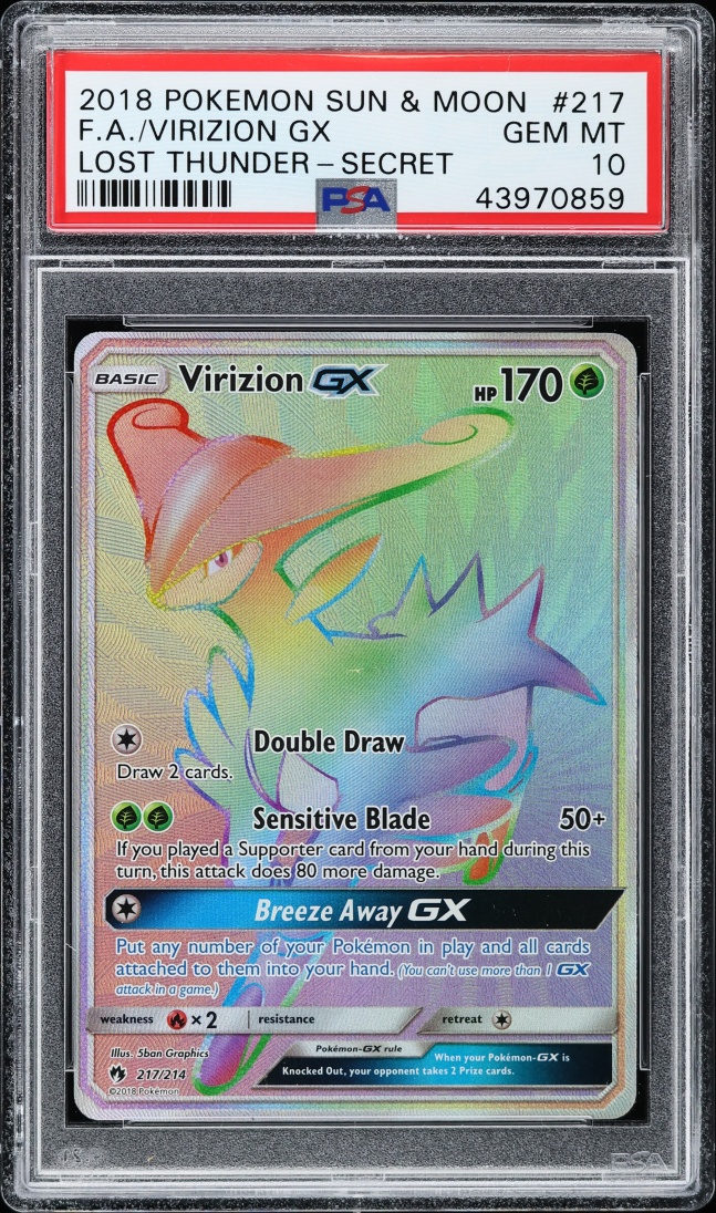 2018 Pokemon Sun & Moon Lost Thunder Rainbow Rare Virizion GX #217 PSA 10 GEM MINT
