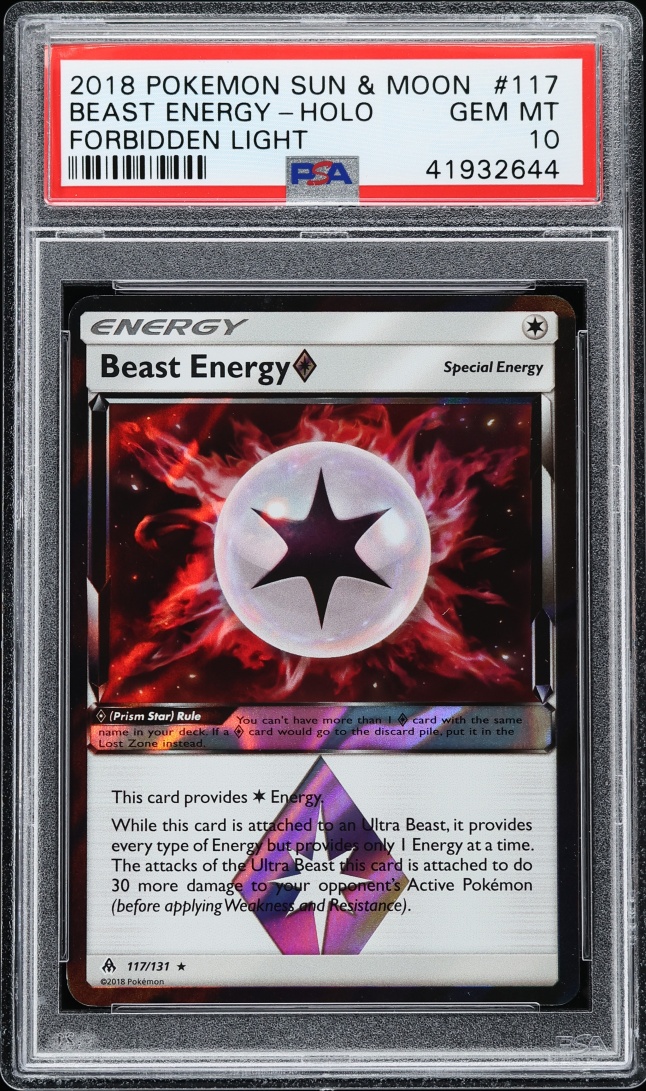 2018 Pokemon Sun & Moon Forbidden Light Holo Beast Energy #117 PSA 10 GEM MINT