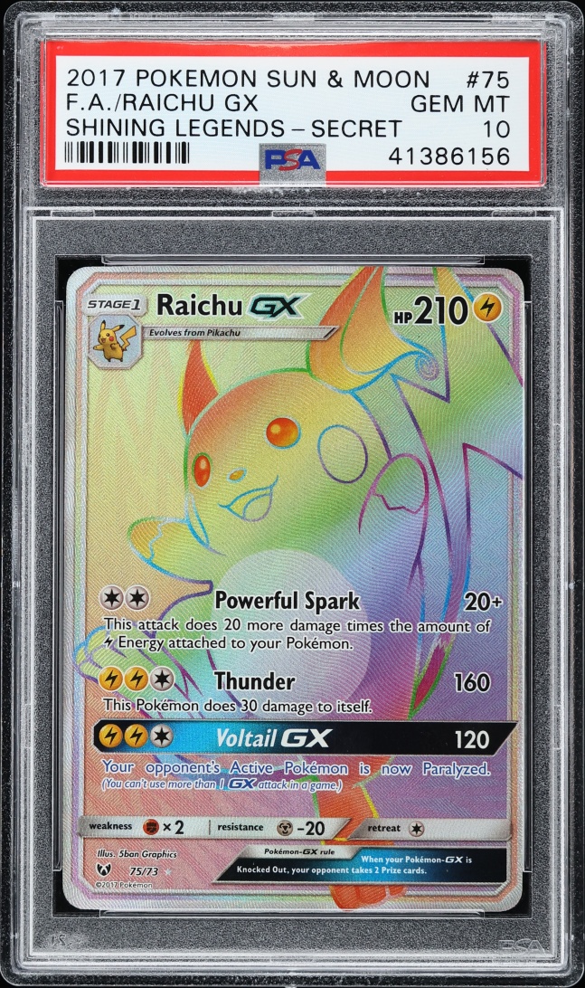 2017 Pokemon Sun & Moon Shining Legends Rainbow Rare Raichu GX #75 PSA 10 GEM MINT