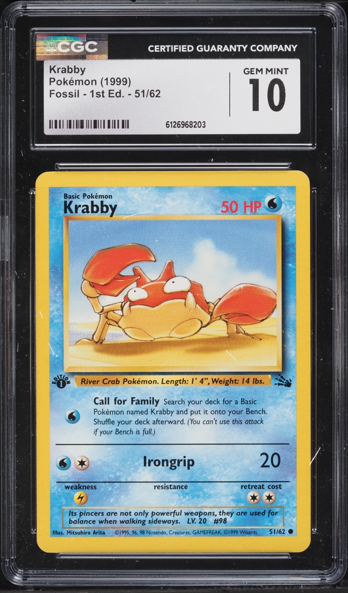 1999 Pokemon Fossil 1st Edition Krabby #51 CGC 10 GEM MINT