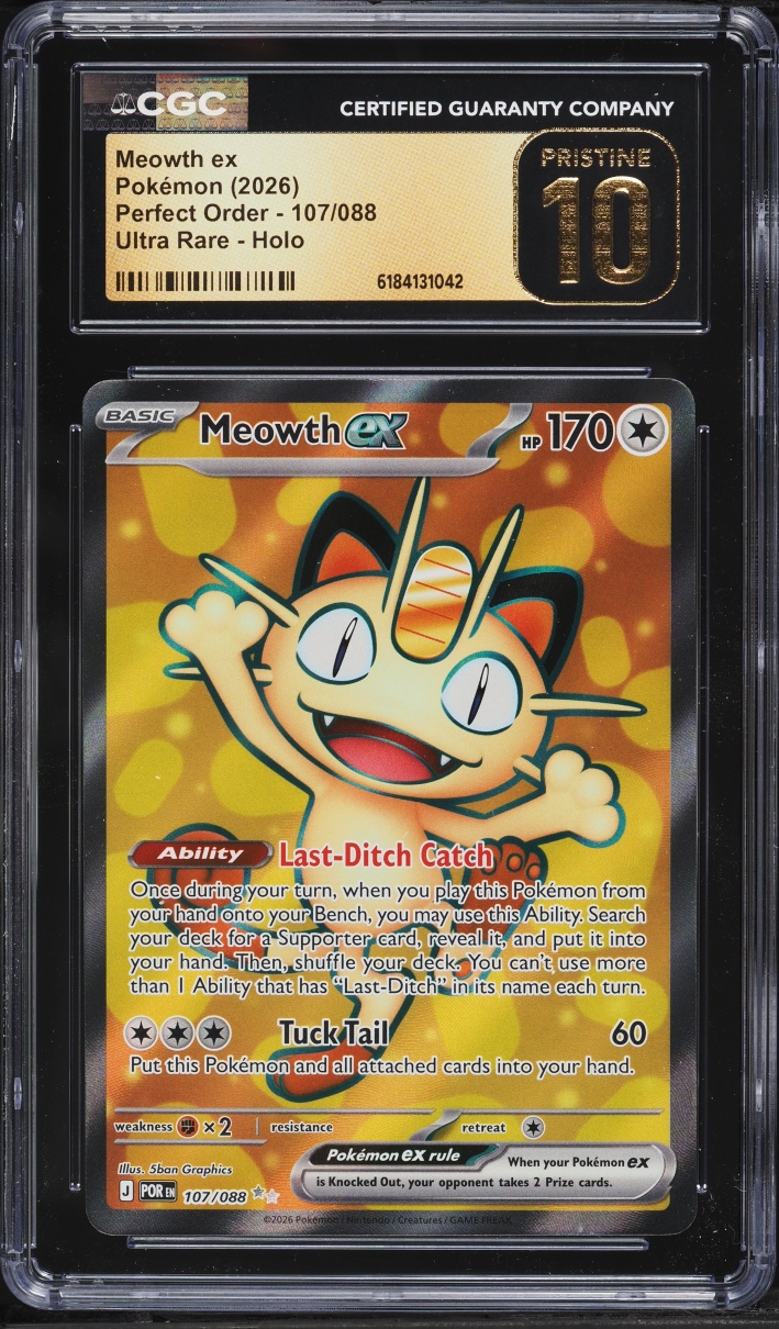 2026 Pokemon Mega Evolution Perfect Order Full Art Meowth EX #107 CGC 10 PRISTINE