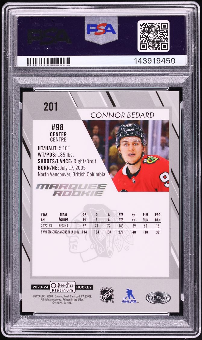 2023 O-Pee-Chee Platinum Rainbow Color Wheel Connor Bedard ROOKIE #201 PSA 10 GEM MINT