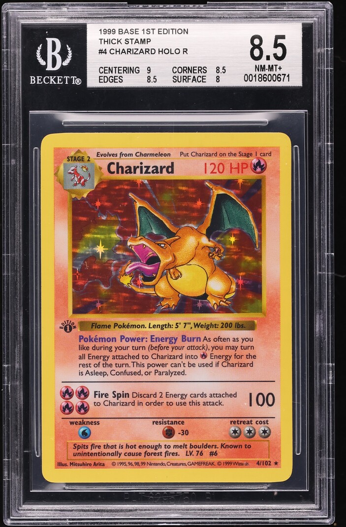 1999 Pokemon Base Set Shadowless 1st Edition Thick Stamp Holo Charizard #4 BGS 8.5 NM-MT+