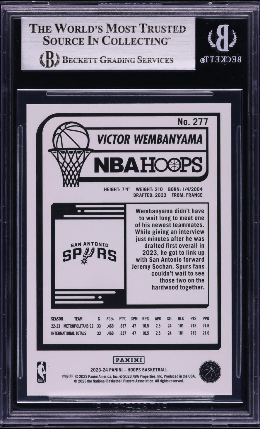 2023 Hoops Victor Wembanyama ROOKIE #277 BGS 8.5 NM-MT+