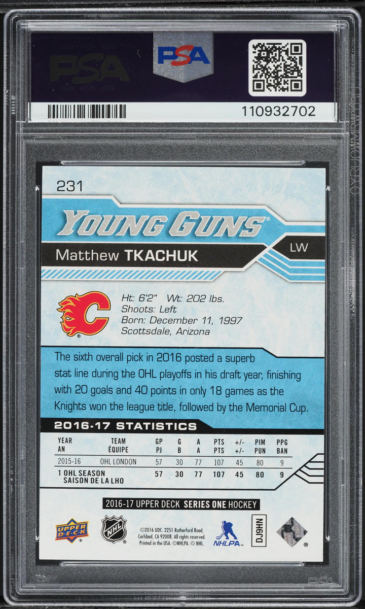 2016 Upper Deck Young Guns Matthew Tkachuk ROOKIE #231 PSA 8 NM-MT