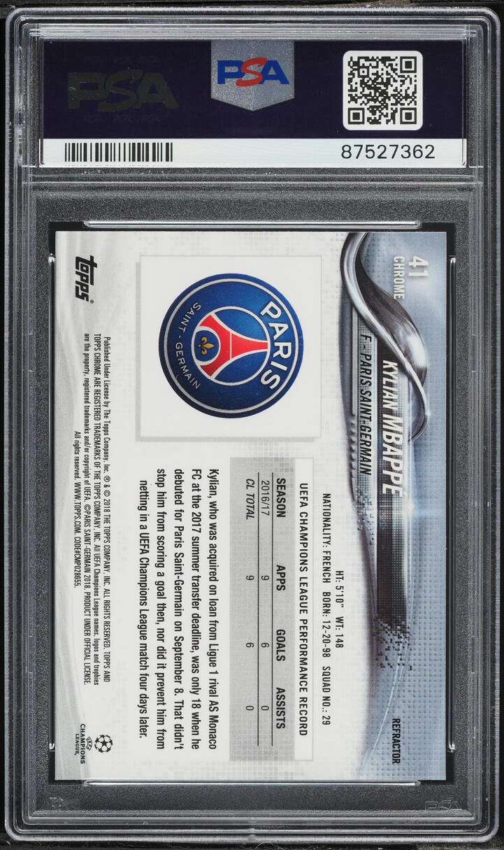 2017 Topps Chrome UEFA Champions League Refractor Kylian Mbappe ROOKIE #41 PSA 10 GEM MINT