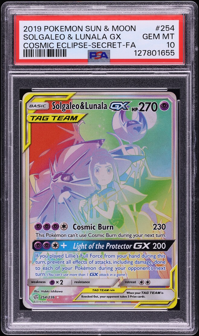 2019 Pokemon Sun & Moon Cosmic Eclipse Rainbow Rare Solgaleo & Lunala GX #254 PSA 10 GEM MINT