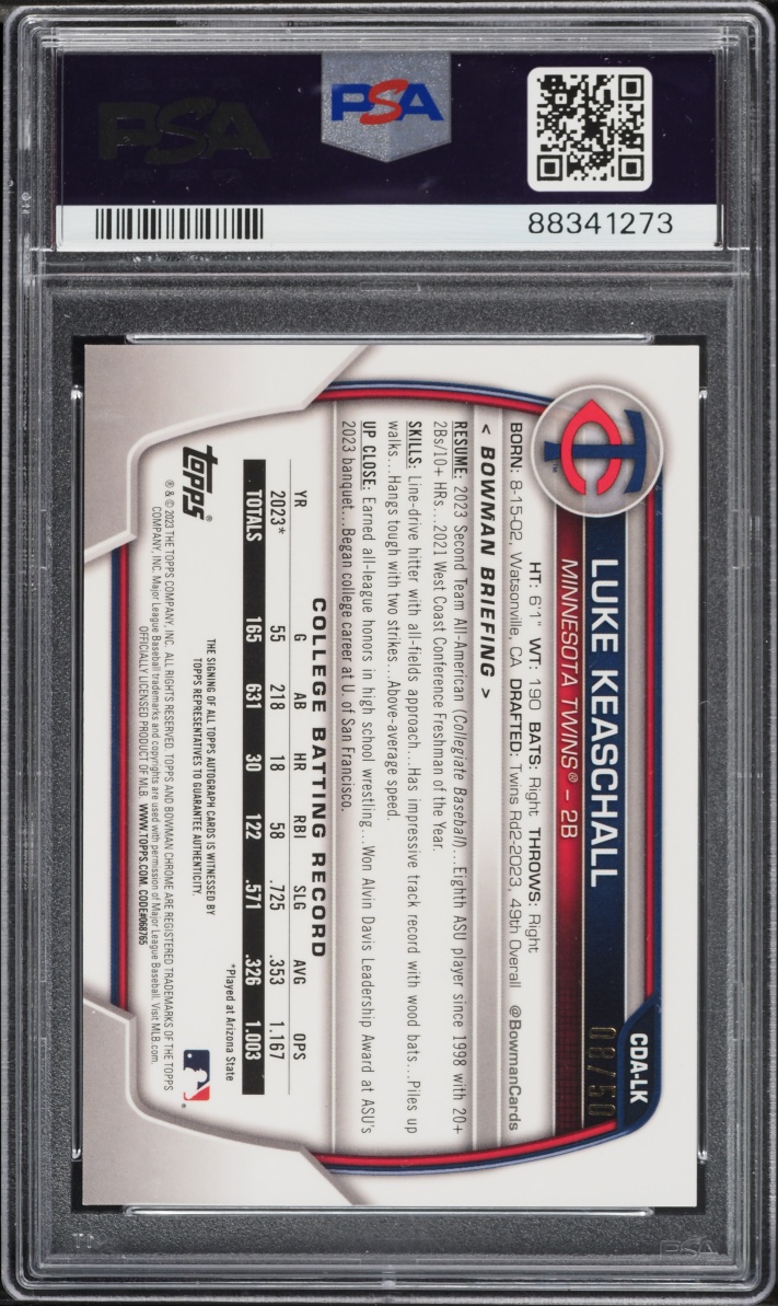 2023 Bowman Chrome Draft Sapphire Gold Luke Keaschall PROSPECT AUTO /50 #CDA-LK PSA 10 GEM MINT