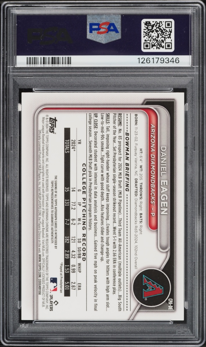 2024 Bowman Chrome Draft Bubble Gum Ref. Daniel Eagen PROSPECT AUTO 5/5 #CPA-DE PSA 10 GEM MINT