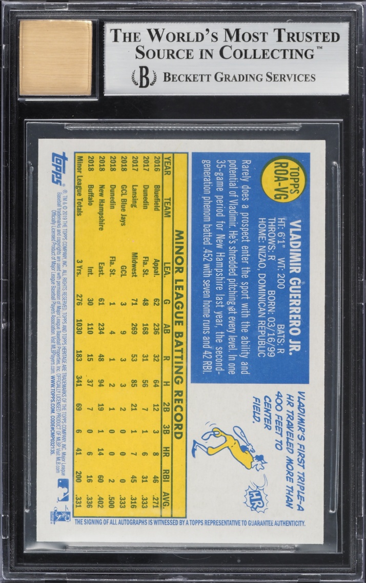 2019 Topps Heritage Real One Mystery Vladimir Guerrero Jr ROOKIE AUTO #ROA-VG BGS 9 MINT