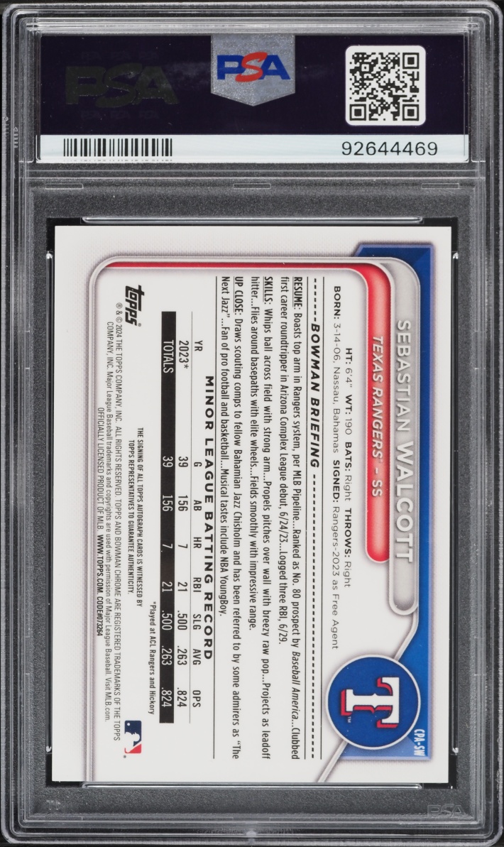 2024 Bowman Chrome Blue Refractor Sebastian Walcott PROSPECT AUTO /150 #CPA-SW PSA 10 GEM MINT