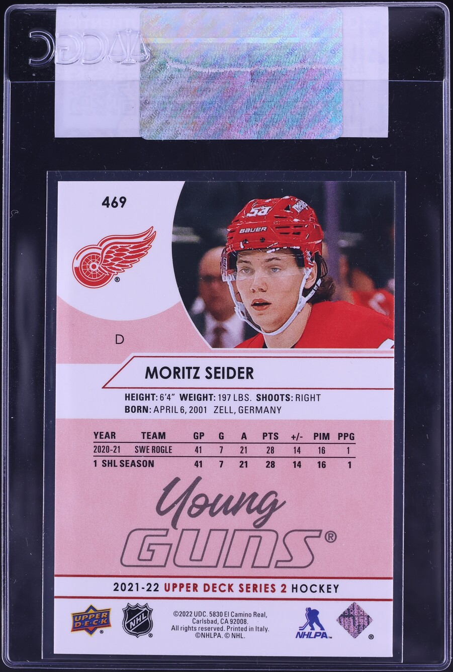 2021 Upper Deck Exclusives Young Guns Moritz Seider ROOKIE /100 #469 CGC AUTH