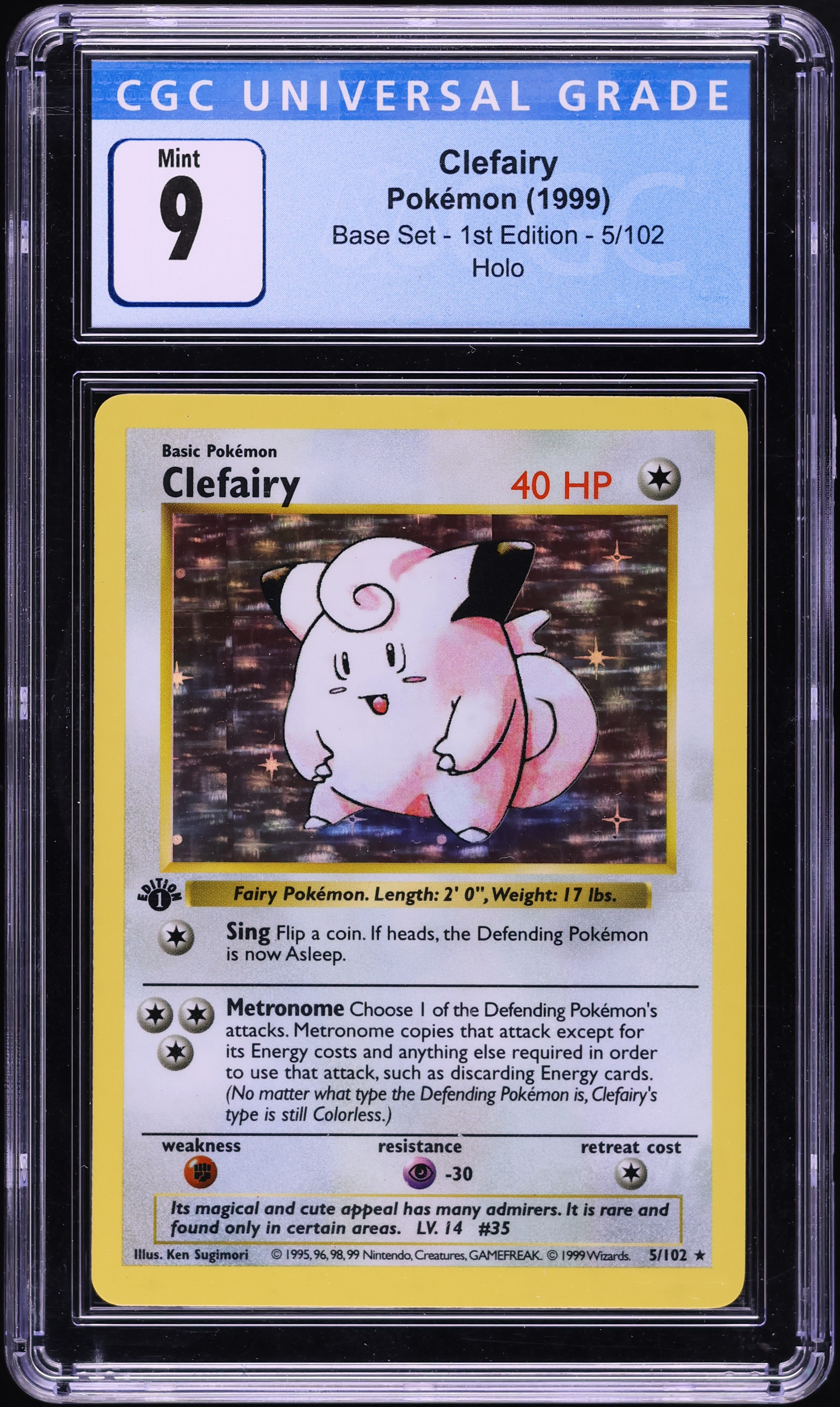 1999 Pokemon Base Set Shadowless 1st Edition Holo Clefairy #5 CGC 9 MINT