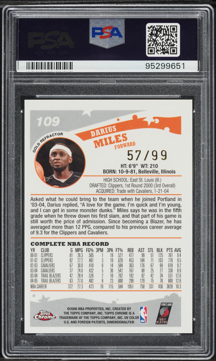 2005 Topps Chrome Gold Refractor Darius Miles /99 #109 PSA 9 MINT
