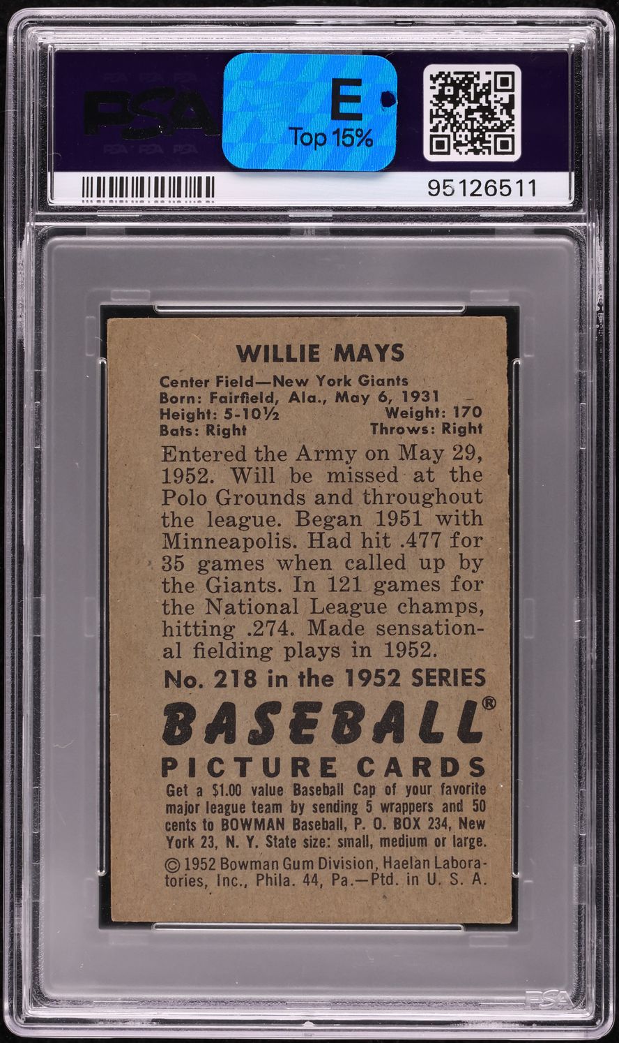 1952 Bowman Willie Mays #218 PSA 5.5 EX+