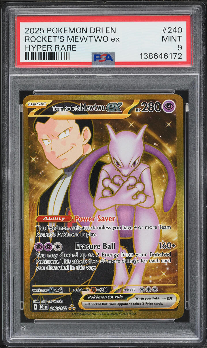 2025 Pokemon Scarlet & Violet Destined Rivals Gold Rare Team Rocket's Mewtwo ex #240 PSA 9 MINT
