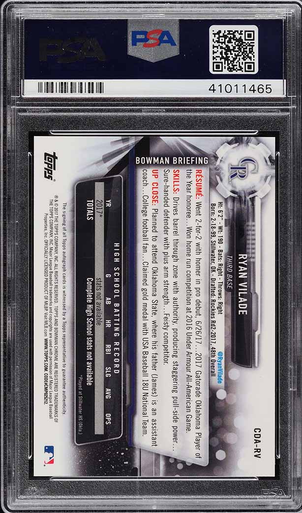2017 Bowman Chrome Draft Picks Ryan Vilade PROSPECT AUTO #CDA-RV PSA 10 GEM MINT
