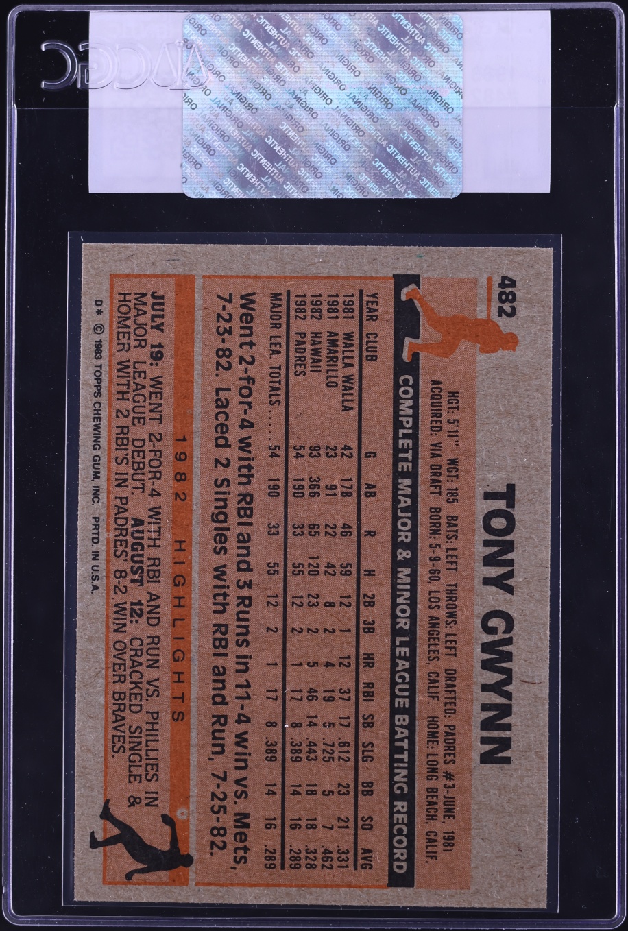 1983 Topps Tony Gwynn ROOKIE #482 CGC AUTH