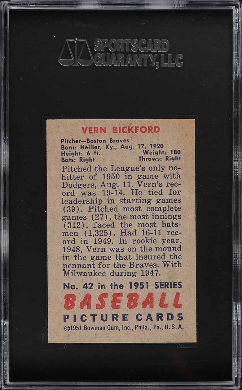 1951 Bowman Vern Bickford #42 SGC 9 MINT