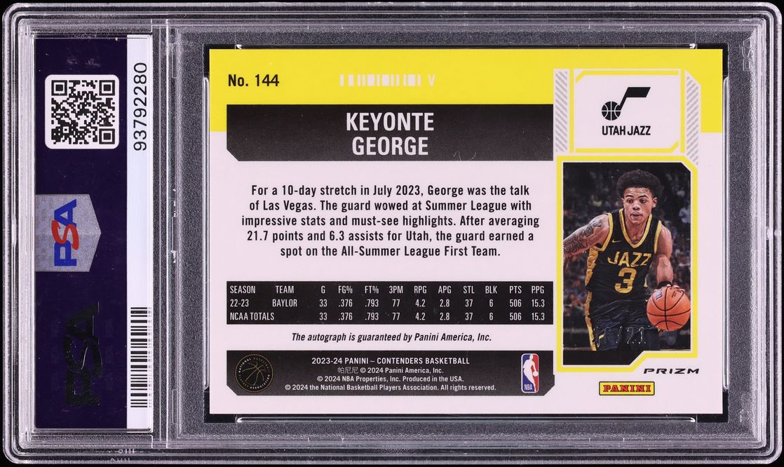 2023 Panini Contenders Premium Blue FOTL Keyonte George ROOKIE AUTO /21 #144 PSA 10 GEM MINT - Photo 2