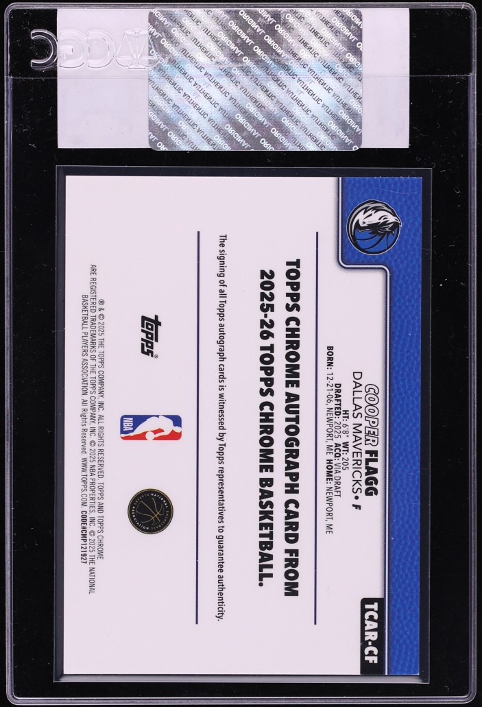 2025 Topps Chrome Purple Refractor Cooper Flagg ROOKIE AUTO /75 #TCAR-CF CGC AUTH