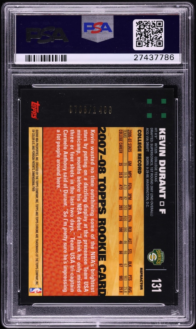 2007 Topps Chrome Refractor Kevin Durant ROOKIE /1499 #131 PSA 10 GEM MINT